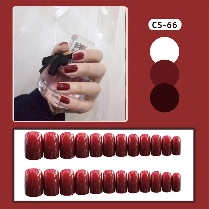 24pcs/Set Gorgeous Wine Red False Nails With Glue Middle Long Round Head Full Nail Tips Finished Fake Nail artificial nails-Nail Inspo