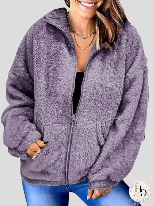 Coats Woolen Fleece Loose Zipper Cardigan Pocket Coat for Women