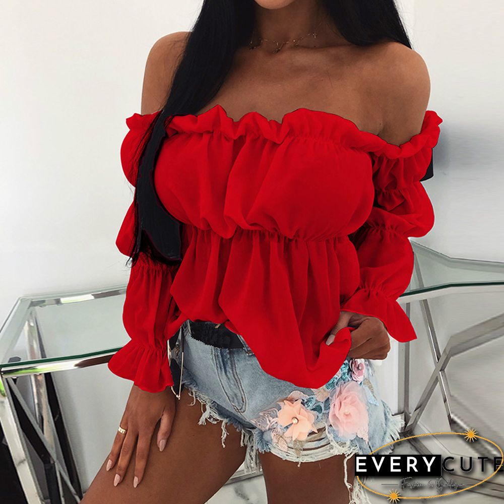Womens Tops And Blouses Sexy Solid Color Off Shoulder Ruff Sleeve Long Sleeve Ruffled Women Blouse Women Shirts