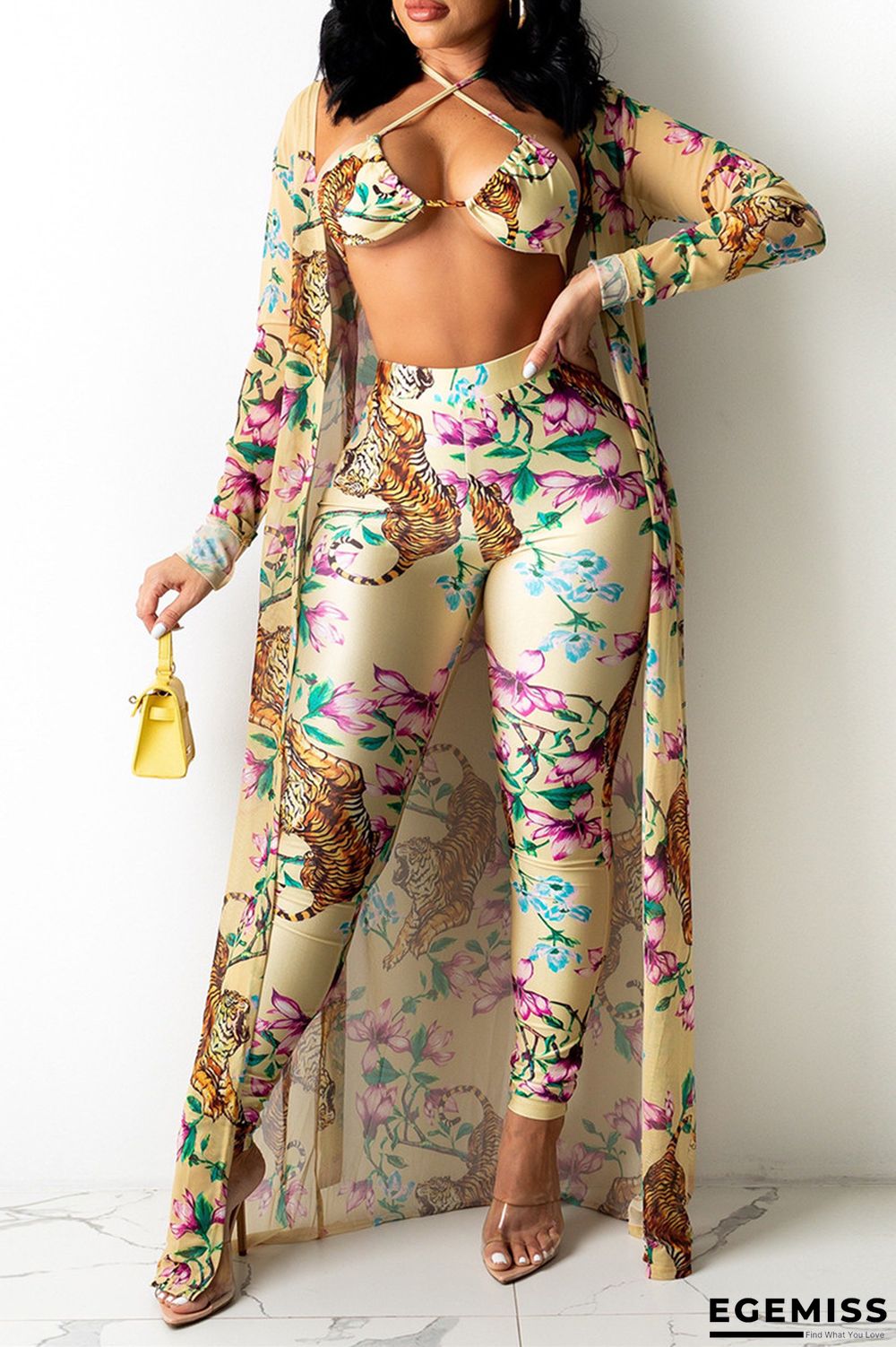 Yellow Fashion Sexy Print Cardigan Swimwears Three-piece Set | EGEMISS