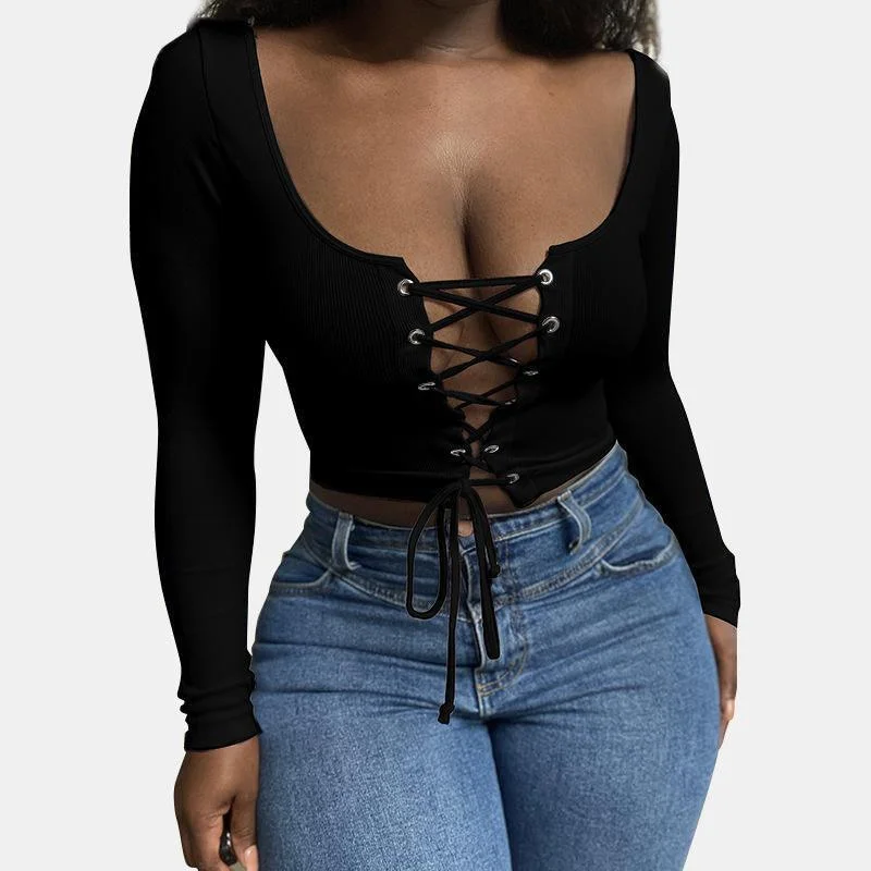 Square Neck Lace Up Front Long Sleeve Top