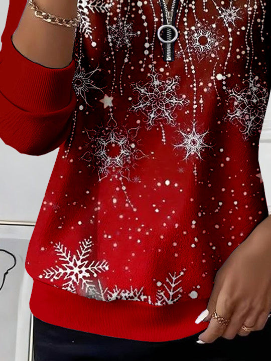 Women Long Sleeve Scoop Neck Snowflake Printed Graphic Zipper Tops
