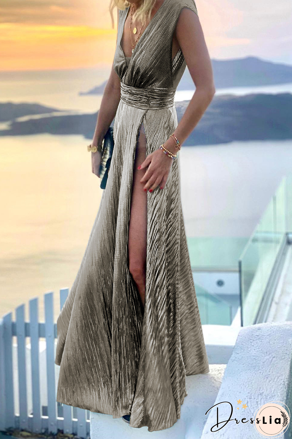 Fashion Solid Patchwork V Neck Waist Skirt Dresses