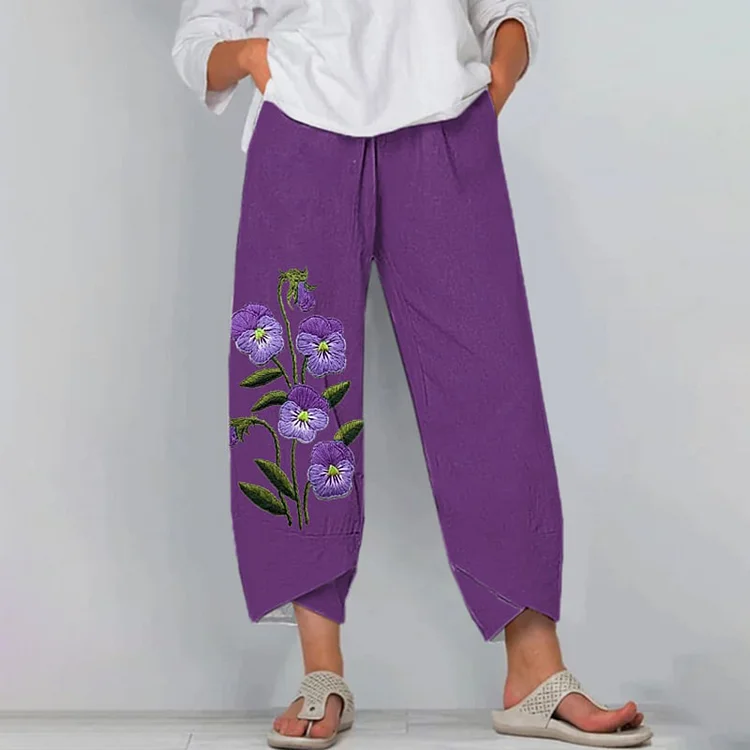 Comstylish Women's Purple Flower Print Alzheimer's Awareness Support Pants