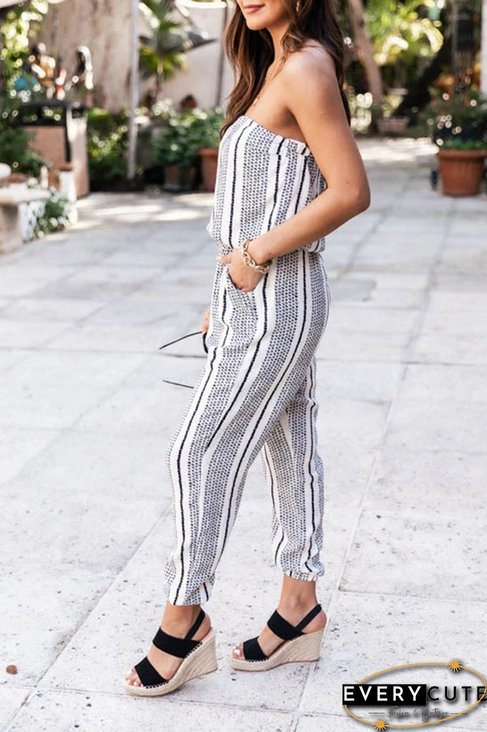Casual Print Frenulum Fold Strapless Regular Jumpsuits