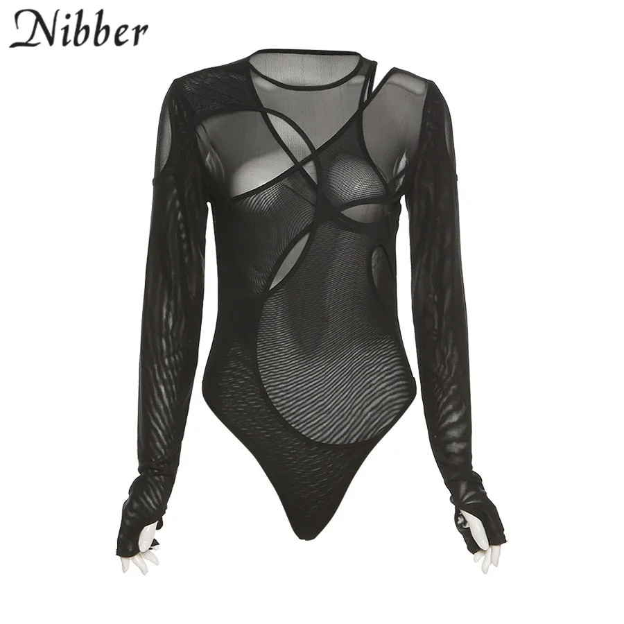 Nibber Summer Solid Color Bodysuit See-Through Sexy Hollow Design Women Top Jumpsuits Slim Fit For High Street Clubwear Female