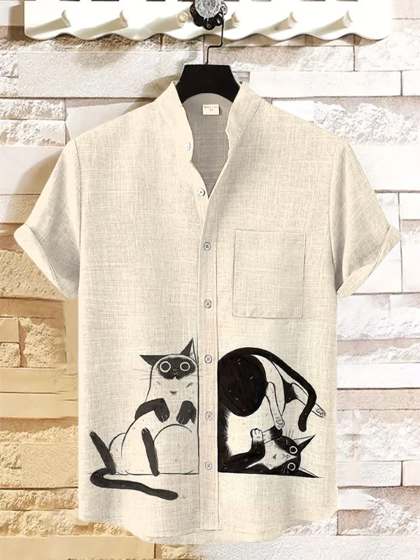 Men's Cat On Shirt Art Print Linen Blend Shirt