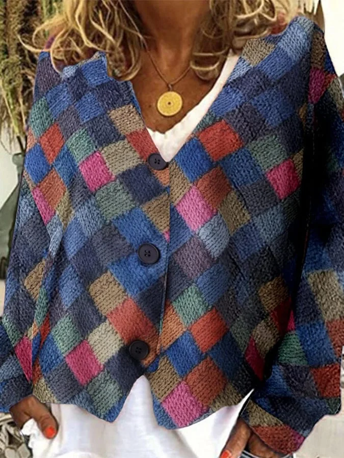 Women's Fashion Colorful Plaid Button Front Sweater Coat