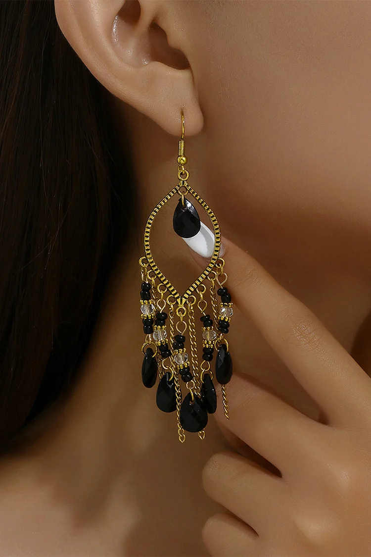 Retro Boho Openwork Frame Beaded Tassel Drop Earrings 2024 - Xpluswear