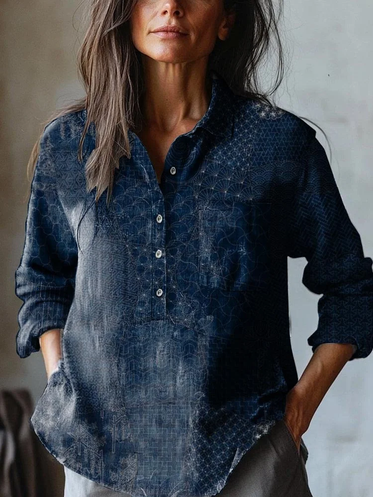Women's Japanese Art Print Casual Cotton and Linen Shirt