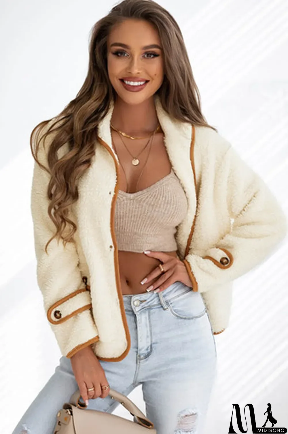 MidiSono - Beige Sherpa Contrasting Trim Button Jacket with Pockets