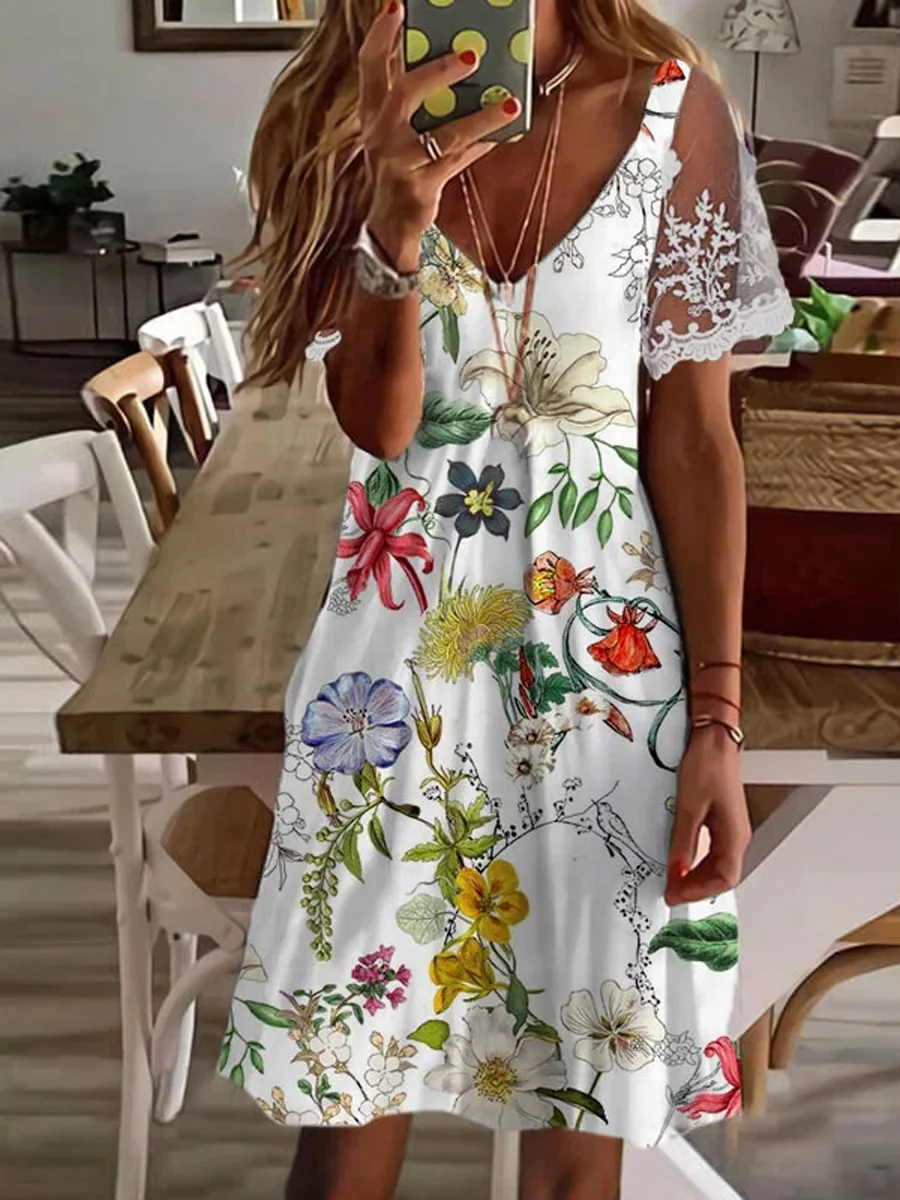 Casual Floral Print Panel Short Sleeve V-Neck Dress