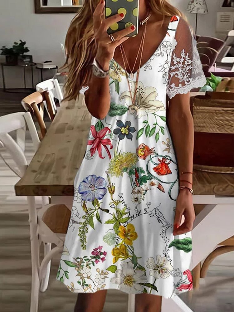 Casual Floral Print Panel Short Sleeve V-Neck Dress