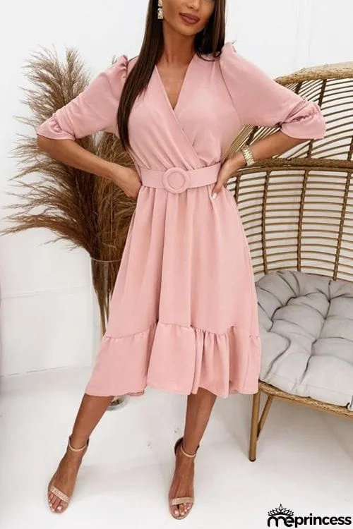 Ruffles V Neck Half Sleeve Dress