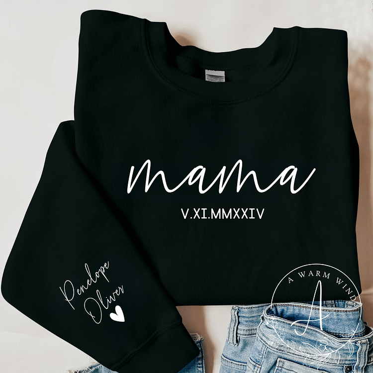 Minimalist Mama Sweatshirt with Kids Name on Sleeve,Personalized Mom Hoodie with EST Date