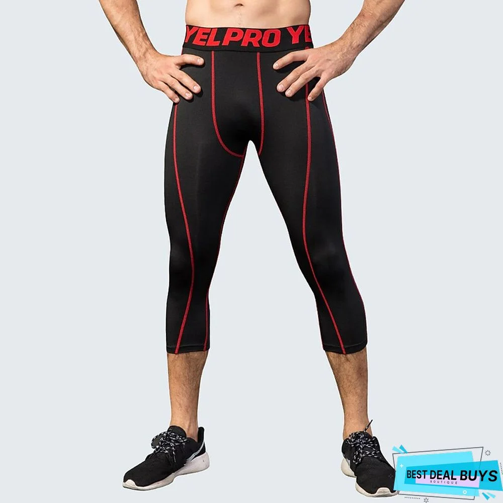 Men's Running Tights Leggings Compression 3/4 Pants Base Layer Athletic Athleisure Spandex Breathable Quick Dry Moisture Wicking Fitness Gym Workout Running Sportswear Activewear Stripes Red / black