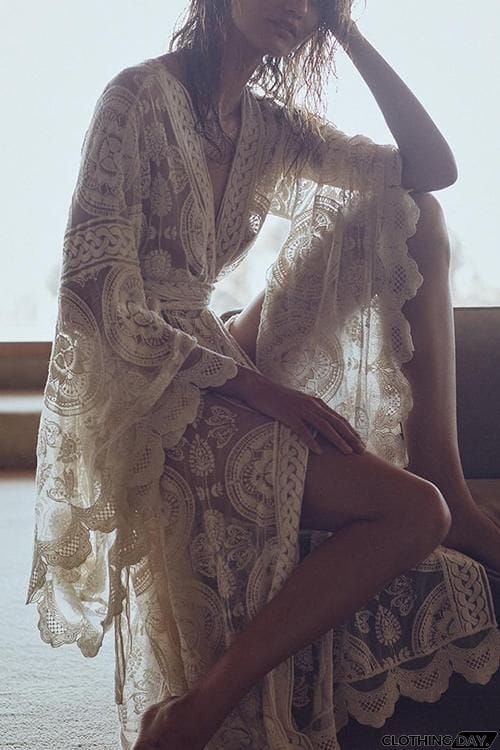 Flares Sleeve Lace Long Cover Up With Belted