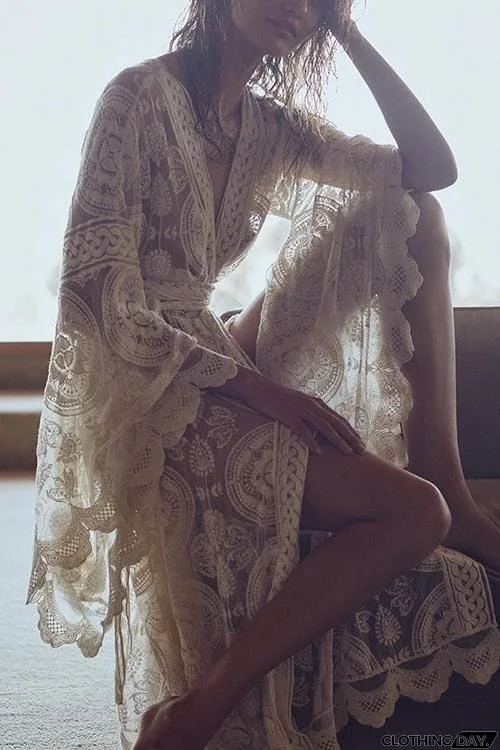 Flares Sleeve Lace Long Cover Up With Belted