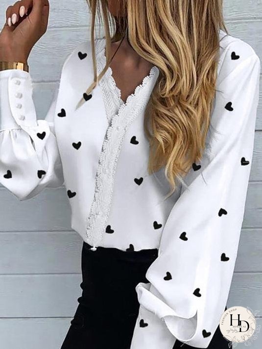 Blouses Love Print Lantern Long Sleeve Blouses for Women