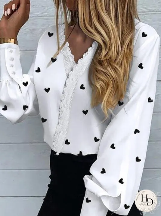 Blouses Love Print Lantern Long Sleeve Blouses for Women