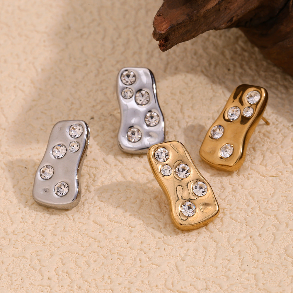 Niche Design Geometric Versatile Earrings Stainless Steel Plated With 18K Gold Abstract Luxury White Diamond Gold Brick Earrings For Women