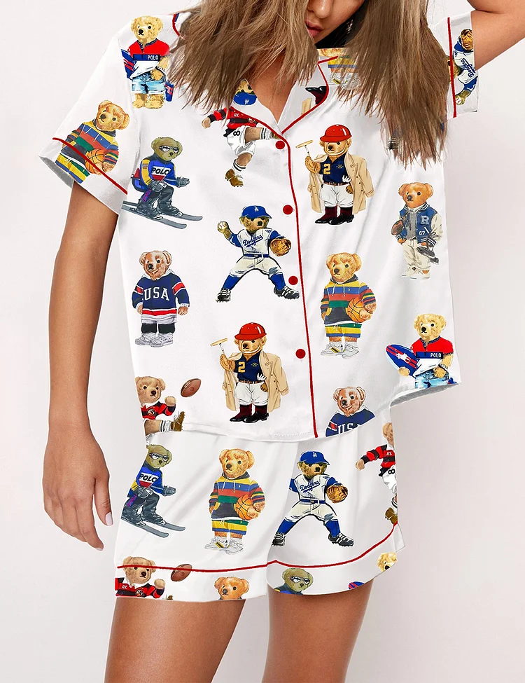 Women's Polo Bear Preppy Teddy Bear Sports Bear Print Pajama Set