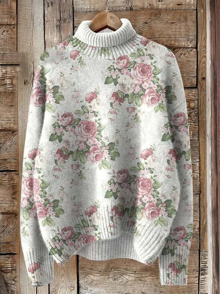 Fresh Pink Roses Print Knit Turtleneck Pullover Sweater