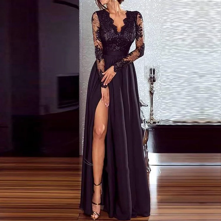 Fashion Black Sexy Lace Long Sleeve V Neck Party High Slit Evening Dress