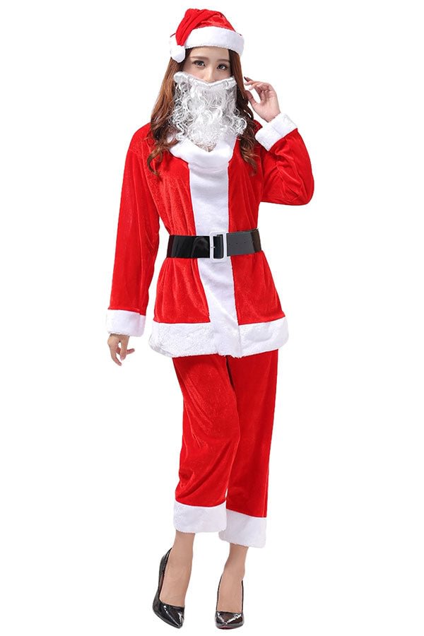 Womens Long Sleeve Top&Cropped Pants Christmas Santa Costume Red-elleschic