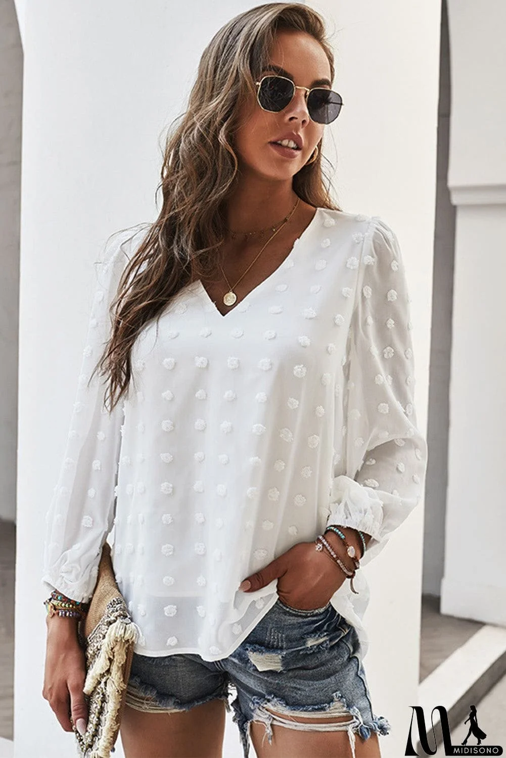 MidiSono - Swiss Dot Bubble Sleeve Blouse