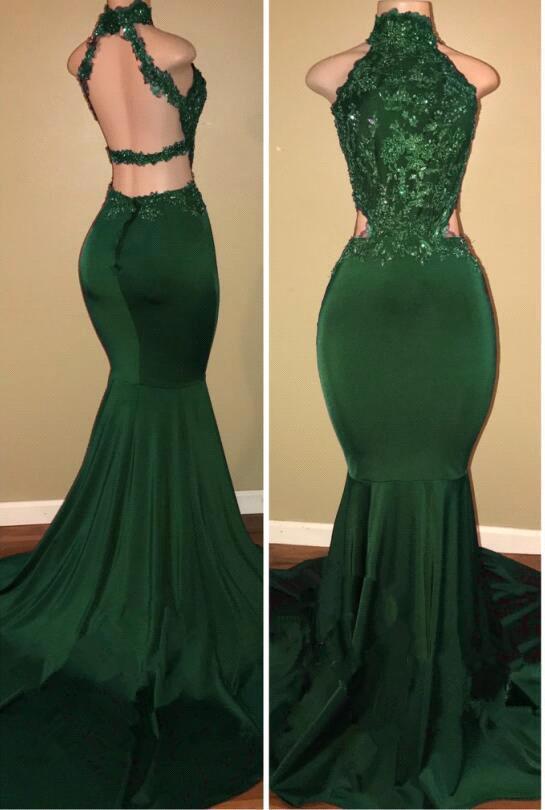 Green High Neck Mermaid Prom Dress Long With Lace Appliques - lulusllly