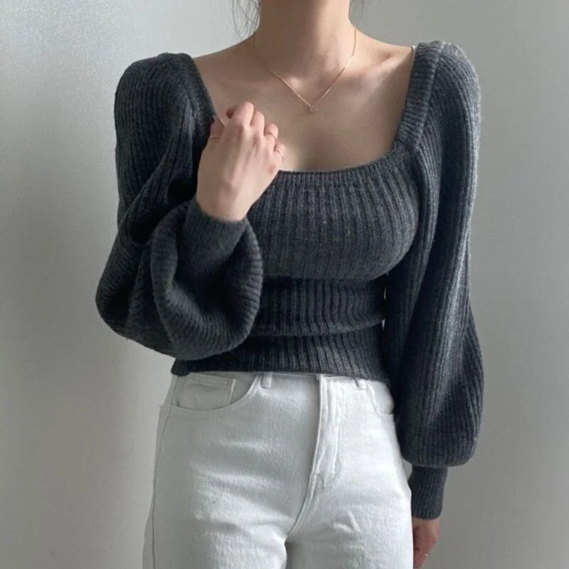 Wongn Crop Top Jumper Sueter Mujer Jersey 2022 Sweater for Women Oversize Wild Square Collar Lantern Sleeve Knitted Sweaters