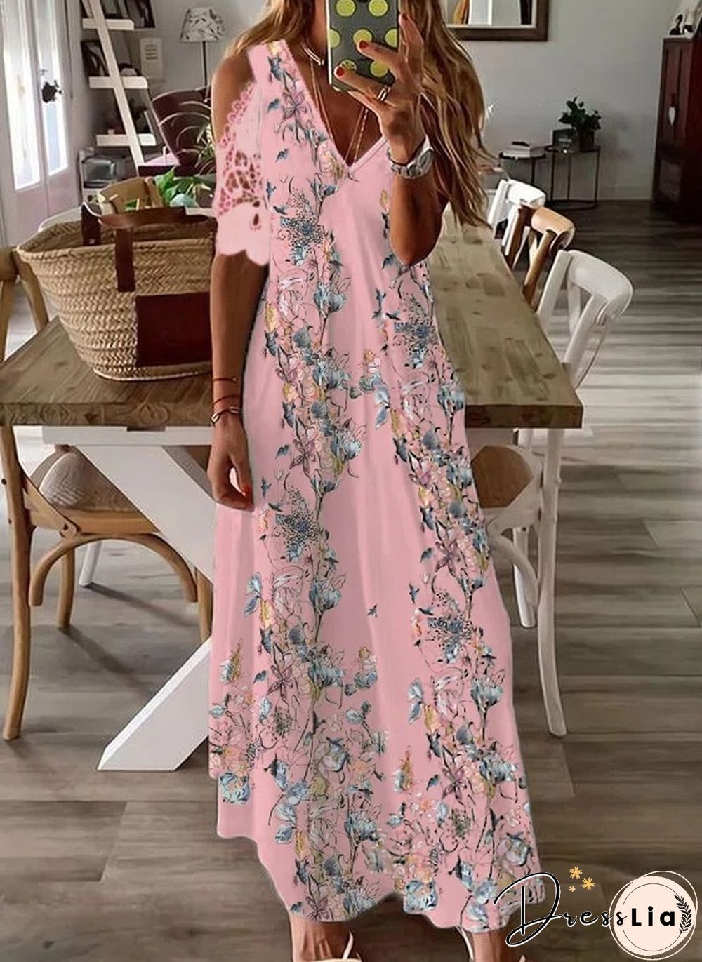 Long Bohemian Dress with Short Sleeve Lace Printing Black Dresses