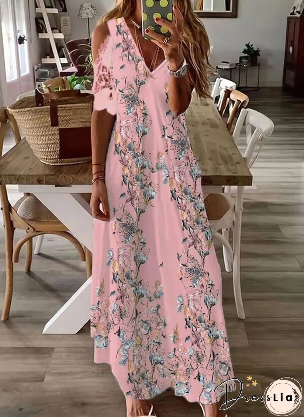 Long Bohemian Dress with Short Sleeve Lace Printing Black Dresses