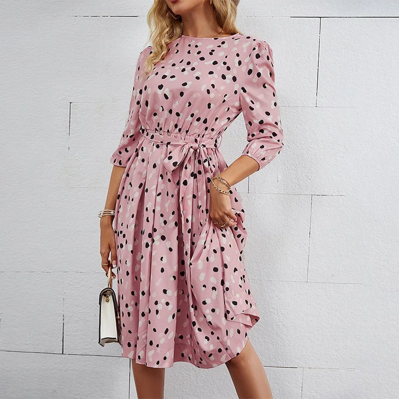 Simplee Elegant A-line polka dot women dress autumn Office lady o-neck belt women midi dresses Half sleeve female purple vestido