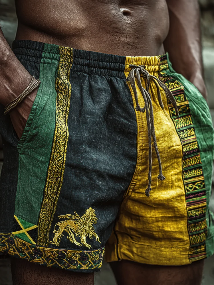 VChics Men's Reggae Lion & Jamaica Flag Embroidered Patchwork Linen Shorts