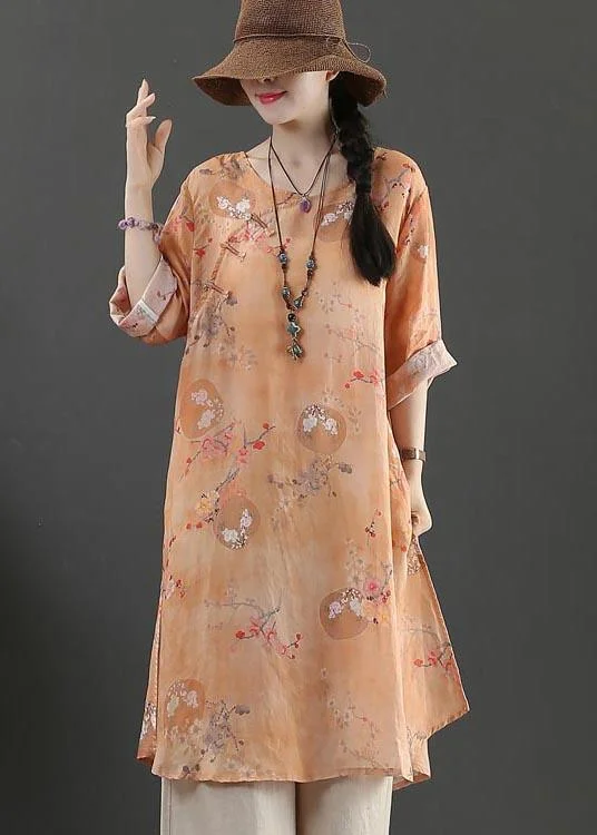 Chic Orange Print Long Linen Top Summer