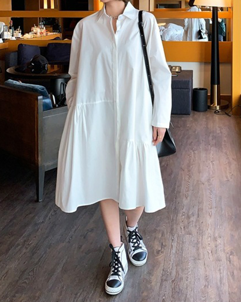 Irregular Design Solid Color Shirt Style Long Sleeve Midi Dress