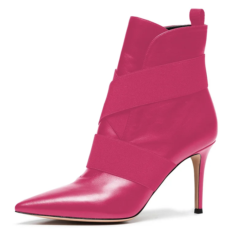 Hot Pink Elastic Straps Pointed Toe Pull-on Stiletto Heel Ankle Boots |FSJ Shoes