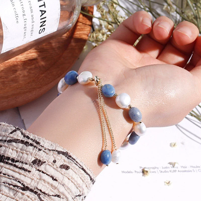 Natural Blue Aventurine Crystal Pearl Bead Healing Bracelet