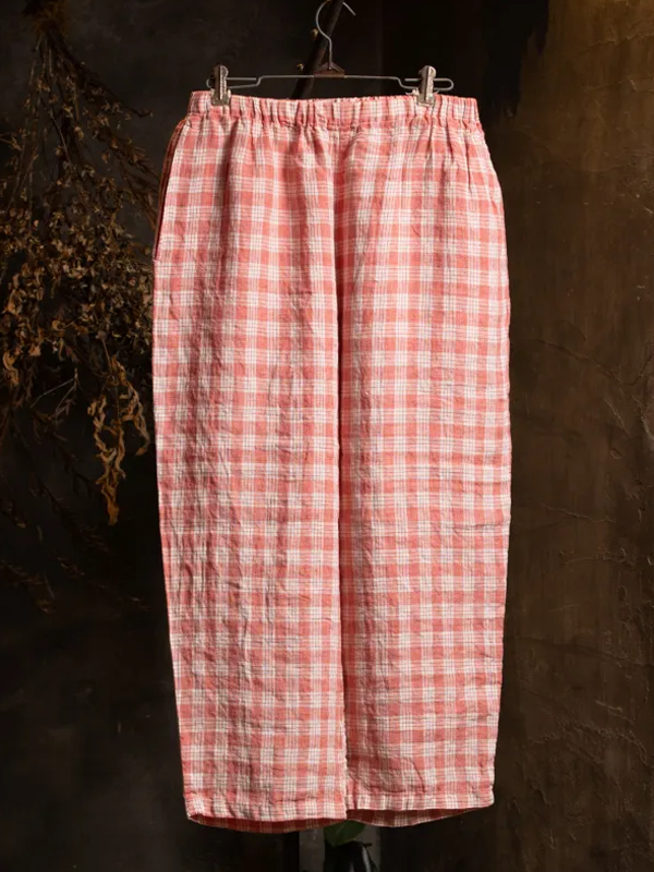 Vintage Check Elastic Waist Women's Pants tjj Shicloths