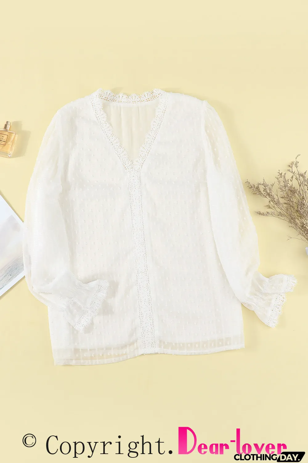 Elegant V-Neck Swiss Dot Lace Blouse