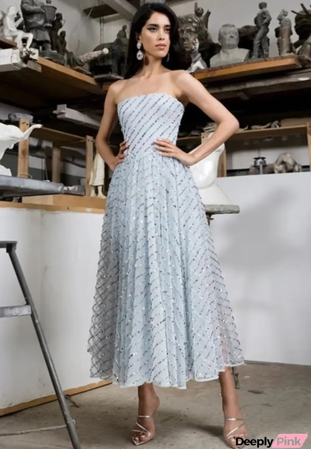 Sequins Silver Strapless Long Prom Dress