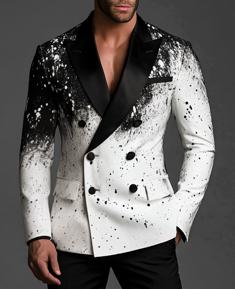 Okaywear Peaked Lapel Double Breasted Splash Ink Pattern Blazer