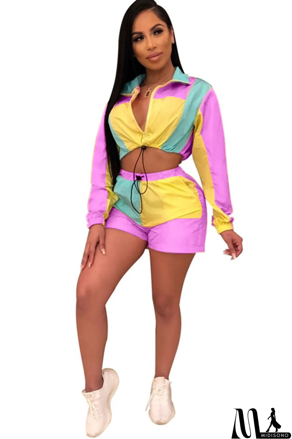 MidiSono - purple Polyester Casual Fashion Zippered crop top Patchwork Regular Two-Piece Short Set