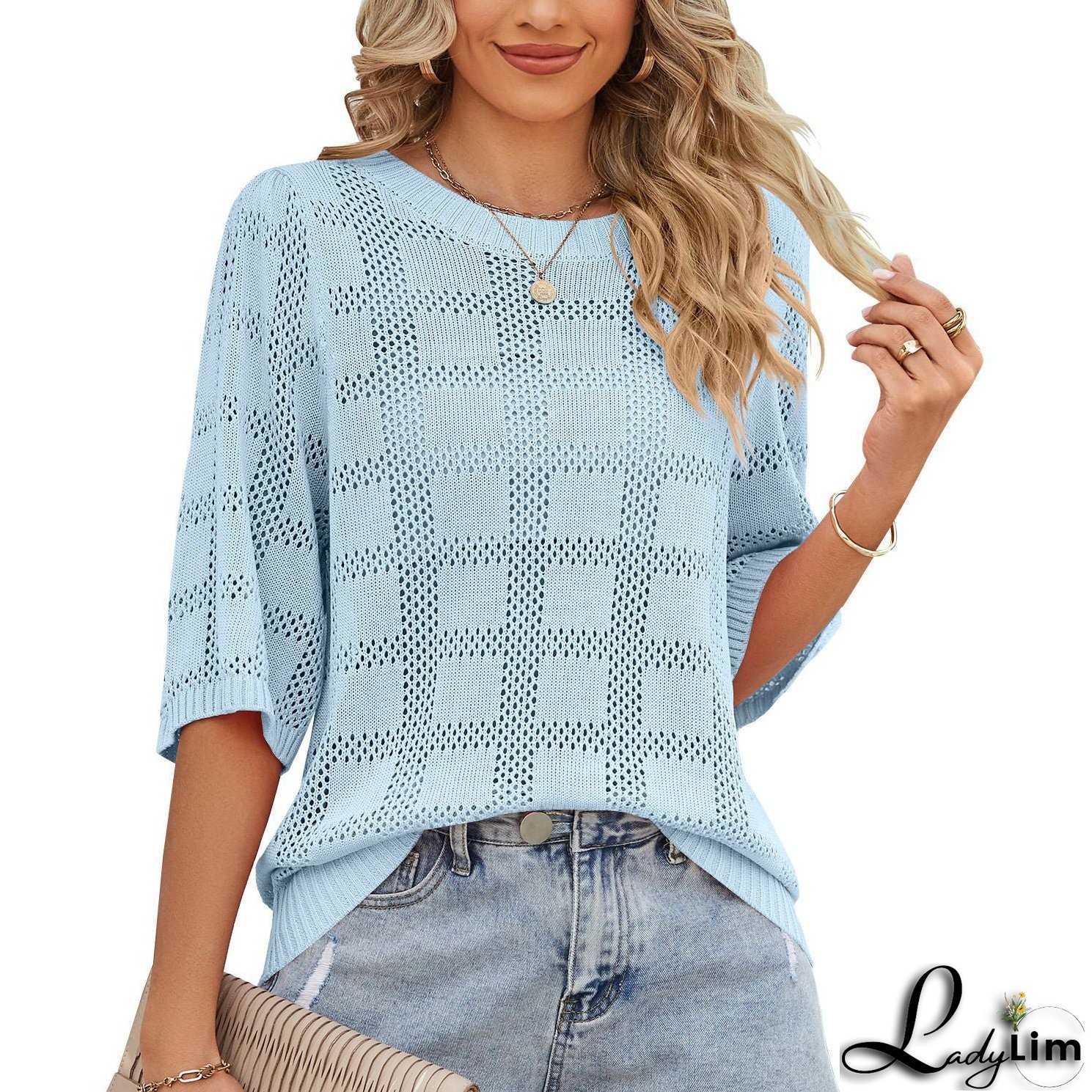 Women's Round Neck Hollowed Out Sun Protection Shirt Knitted Sweater Cover Up