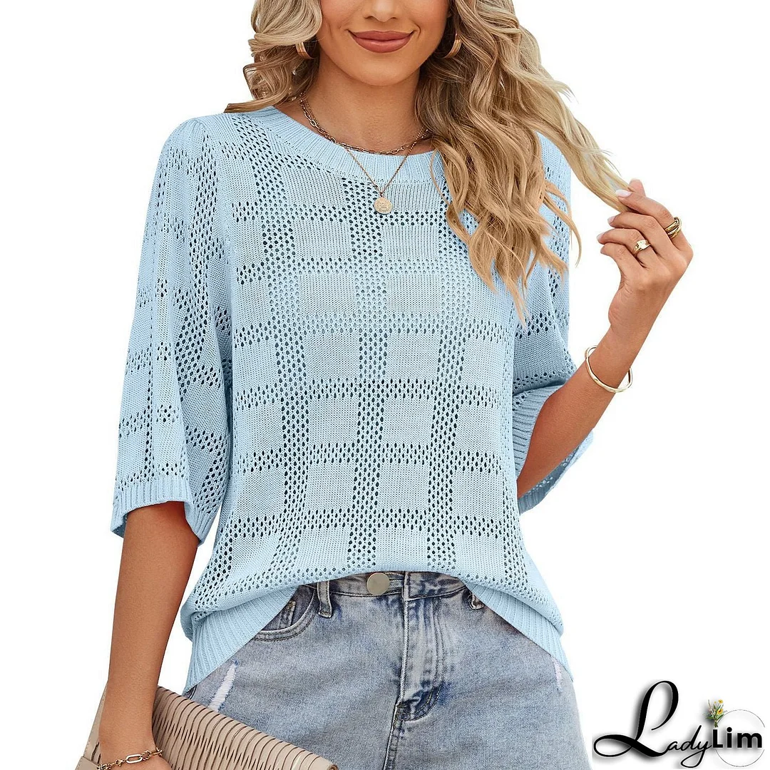 Women's Round Neck Hollowed Out Sun Protection Shirt Knitted Sweater Cover Up