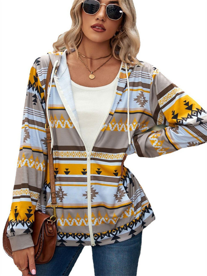 Fall and Winter Hooded Pocket Top Geometric Pattern Long Sleeve Loose Temperament Commuter Jacket