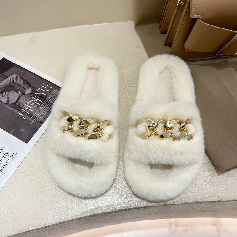 Summer Fluffy Women slippers Gold Chain Fur slippers Shoes Women Fox Fur Flip Flop Flat Furry Fur Slides Outdoor Sandals Woman