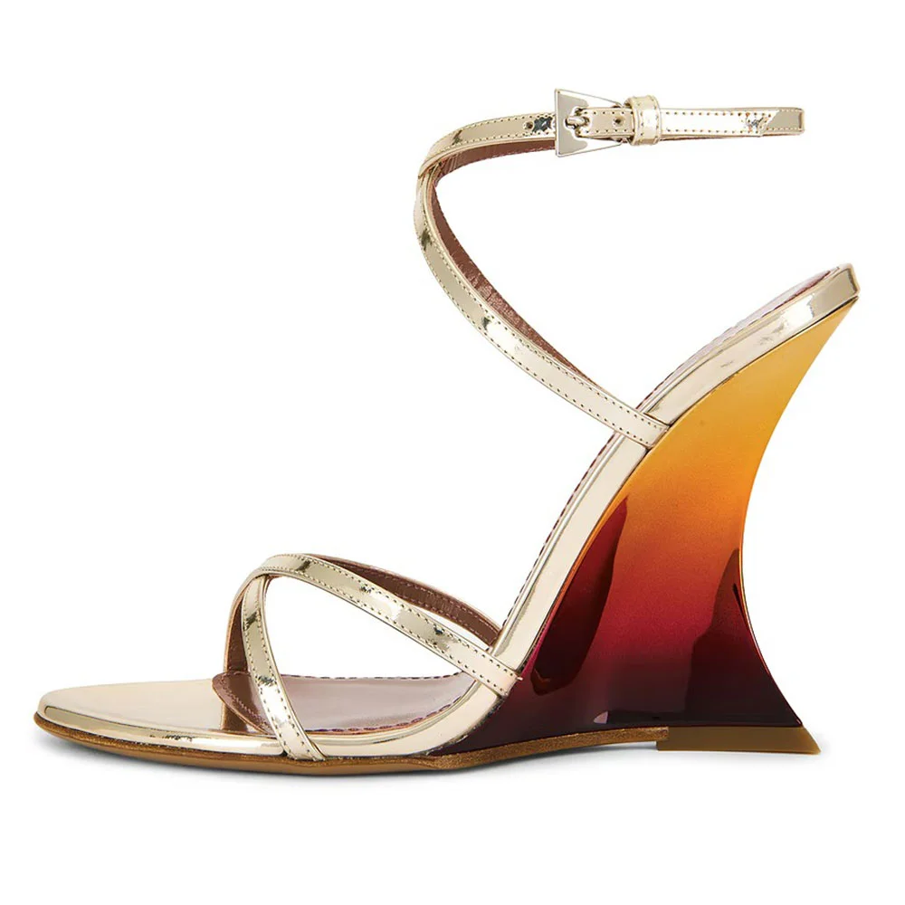  Round Toe Wedge High Heel Ankle Strap Metallic Gold Sandals